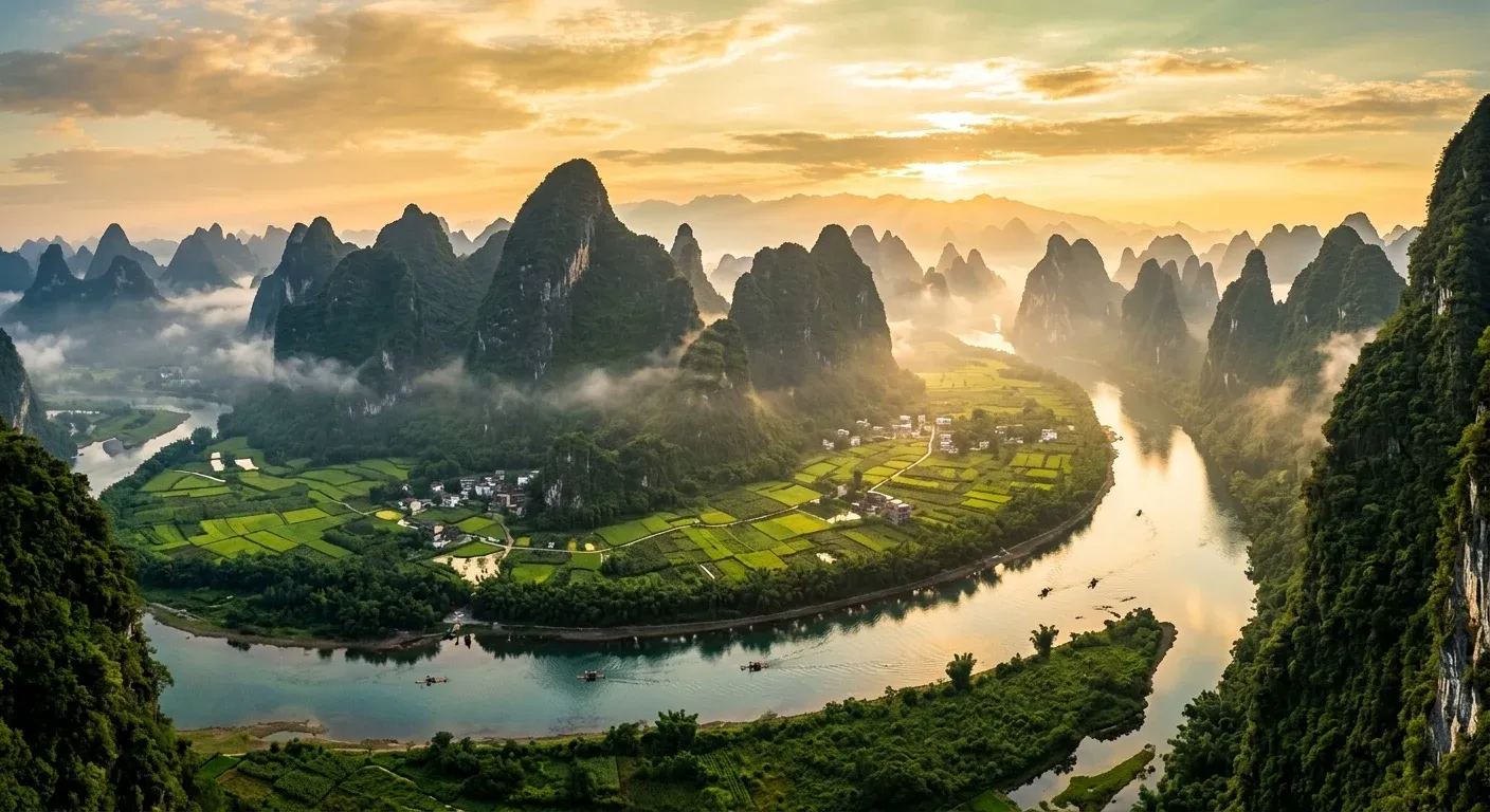 Panoramic view of the Li River winding through karst mountains in Yangshuo, China