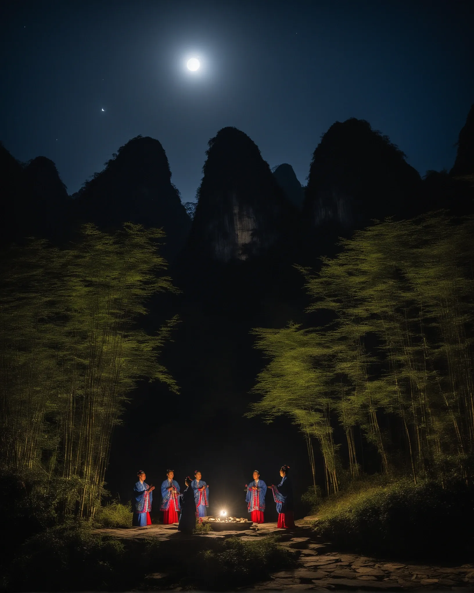 Moon Hill silhouetted against a full moon at night, Yangshuo, China