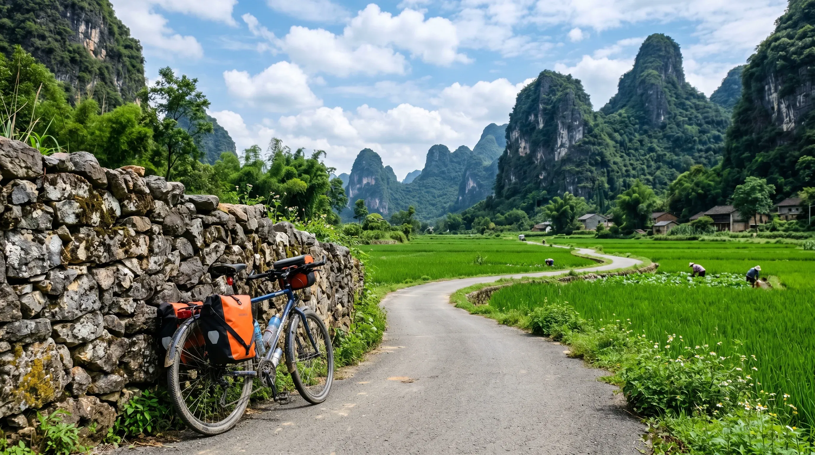 Cyclist riding a countryside road through rice paddies and karst peaks near Yangshuo