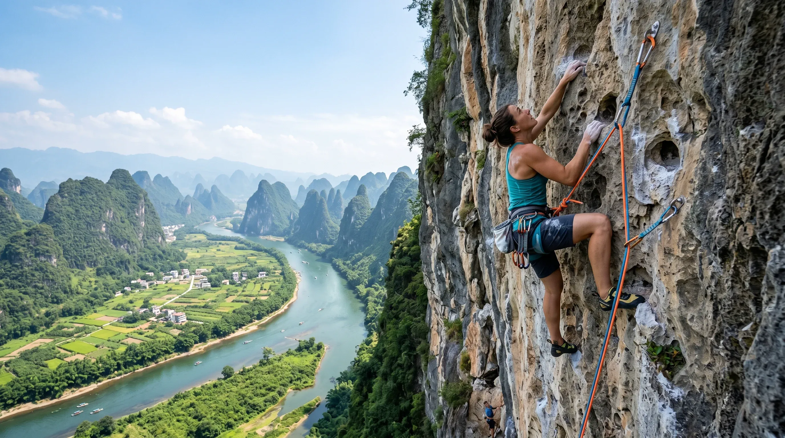 Rock climber on a karst limestone cliff face near Yangshuo
