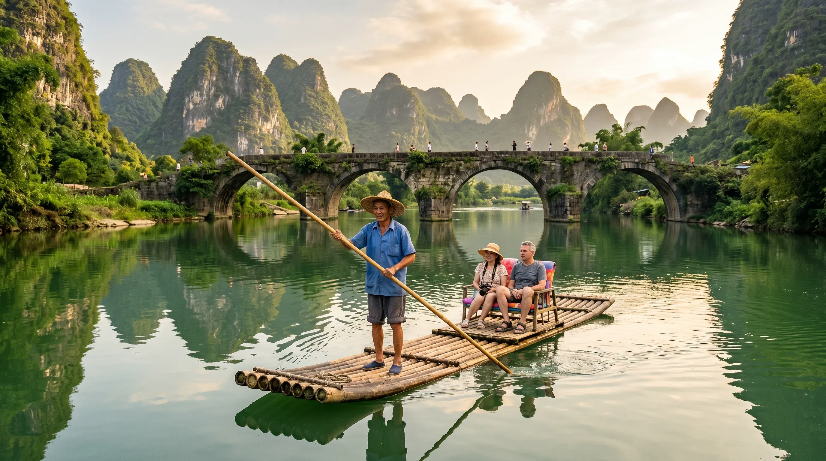 Bamboo raft floating down the Yulong River surrounded by karst scenery